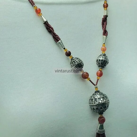 Vintage Style Tassel Necklace with Ornate Metal Beads, Statement Tribal Pendant - Picture 7 of 13